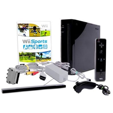 Wii Konsole in Schwarz + alle Kabel + Nunchuk + Fernbedienungen + Spiel Wii Sports