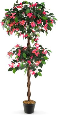 150cm Kunstbaum mit Blüten, Kunstpflanze im Topf, Zimmerpflanze mit 252 Blüten, Rosa