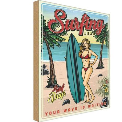 Holzschild 30x40 cm - Pin Up Surfing Girl Sommer Party