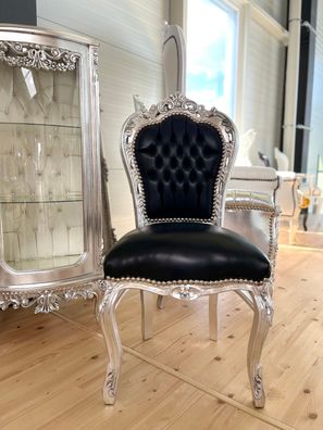 Barock Möbel Barock Esszimmerstuhl aus Holz, handgefertigter Stuhl in Silber Schwarz