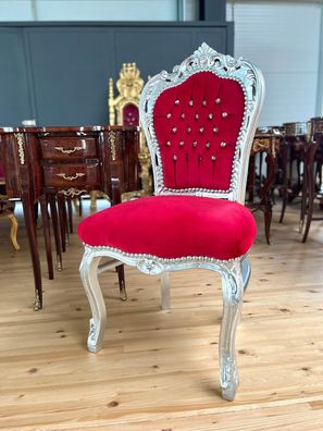 Barock Möbel Barock Esszimmerstuhl aus Holz, handgefertigter Stuhl in Silber Rot