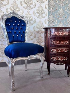Barock Möbel Barock Esszimmerstuhl aus Holz, handgefertigter Stuhl in Silber Blau