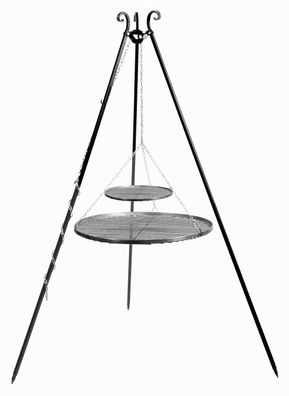 Schwenkgrill H 180 cm mit Doppelrost aus Rohstahl 70 cm + 40 cm Dreibein Grill