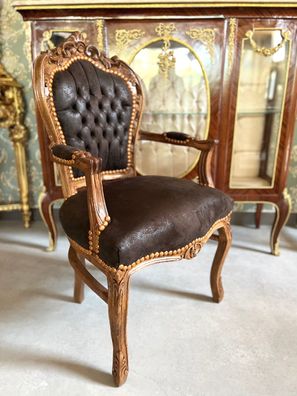 Barock Möbel French Baroque Style Armchair Handmade Wood Brown Leather Like for Home