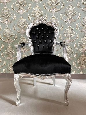 Barock Möbel Armchair Baroque Style Black Velvet French Louis XV Chair Silver