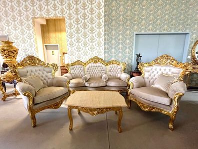 Barock Möbel Sofa Set French Louis Baroque Rococo Style in Gold Finish Beige