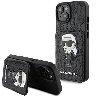 Hülle Case iPhone 15 Karl Lagerfeld aufstellbar Figur Kunstleder schwarz Logo