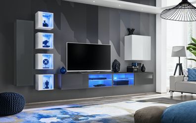 Wohnwand Grau Wand Regale Schrank Wohnzimmermöbel Einrichtung Luxus Set 8tlg