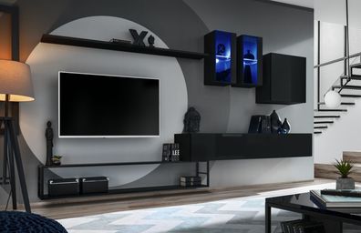 Designer Wohnwand Schwarz Modern Luxus TV Ständer Holzmöbel Einrichtung Garnitur