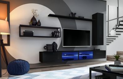 Wohnwand Schwarz Wohnzimmermöbel Wandschrank Wand Regale Luxus Set Neu