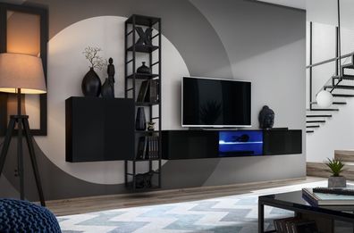 Schwarz Wohnwand 270cm Luxus Wandschrank Wohnzimmermöbel Regale Holz Einrichtung