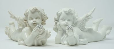 2 Stück liegende Engel mit Glitzerkugel in der Hand Deko Figur Schutzengel Engelpaar