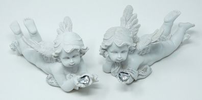2x Engel Deko Figur liegendes Engelpaar mit Kristallherz und Flügel