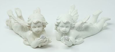 2x Engel Deko Figur liegendes Engelpaar mit Glitzerkugel und Flügel Schutzengel