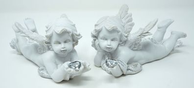 2x Engel Deko Figur liegendes Engelpaar mit Kristallherz und Flügel Schutzengel