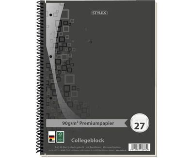 Stylex 43877 Collegeblock A4 Premiumpapier liniert 90g/ m² weiß 4-fach gelocht 80 ...
