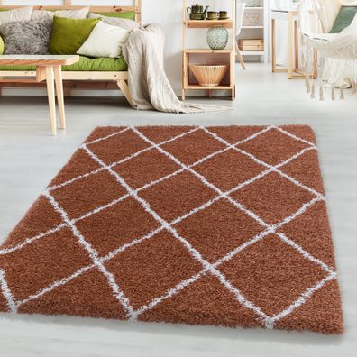 Hochflor Design Teppich Wohnzimmerteppich Muster Raute Flor Weich Farbe Terra