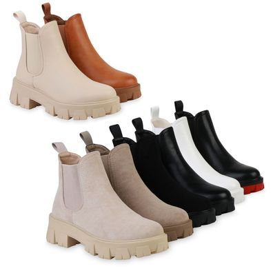 VAN HILL Damen Stiefeletten Plateau Boots Blockabsatz Profil-Sohle Schuhe 836326