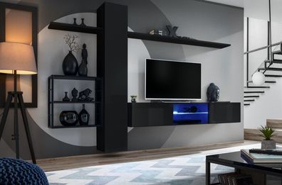 Wohnwand Schwarz Wand Regale Wohnzimmermöbel Einrichtung Luxus Set 5tlg