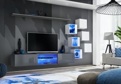 Luxus Designer Wohnwand Möbel Grau Wand Regal Wandschrank Einrichtung Garnitur