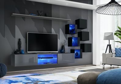 Set Modern Grau Einrichtung Wohnwand TV-Ständer Sideboard Holzmöbel Wandschrank