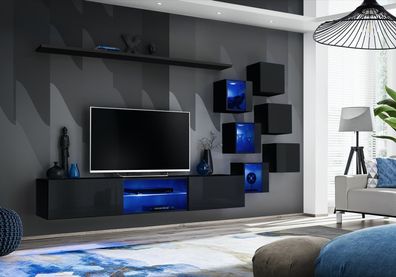 Schwarz Komplett Set Wohnwand Luxus Holzmöbel Designer Modern Wandschrank