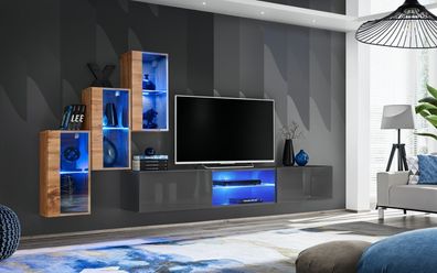 Komplett Designer Modern Wohnwand Wand Regale TV-Ständer 3x Wandschrank
