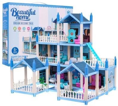 3-stöckiges Puppenhaus, für Mädchen ab 6 Jahren. Blaue Villa mit Ausstattung