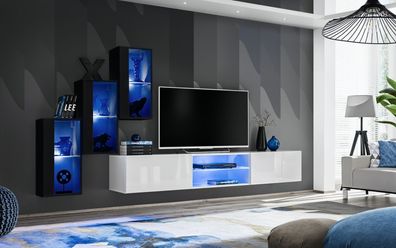 Neu Wohnwand Schwarz 3x Wandschrank Einrichtung TV-Ständer Modern Set