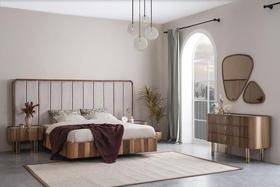 Schlafzimmer Set Doppel Bet Moderne 2x Nachttische Luxus Kommode mit Spiegel