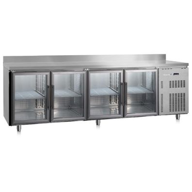 Marecos Softline Edelstahl Kühltisch 600mm tief mit 4 Glastüren und Aufkantung