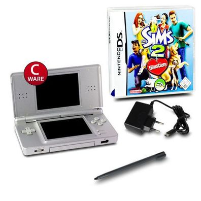 DS Lite Handheld Konsole silber #73C + Ladekabel + Spiel Die Sims 2 - Haustiere