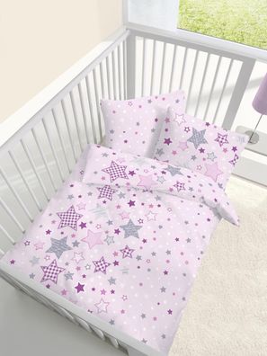 Baby Fein Biber Bettwäsche rosa mit Sternen 100x135 + 40x60 cm