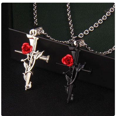 Halskette Damen Herren Kreuz Jesus Blume Edelstahl Halskette Schwarz Silber
