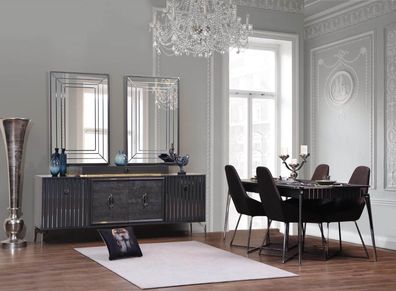 Luxus Esszimmer Set Esstisch + 6x Stühle + Anrichte mit 2x Spiegel 10 tlg