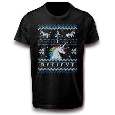 Einhorn Weihnachten Weihnachtsbaum T-Shirt schwarz 110 - 3XL Baumwolle Fun Lustig