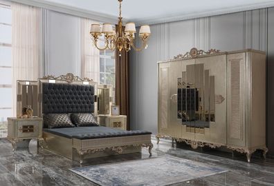 Doppelbett Chesterfield Luxus Schlafzimmer Garnitur Bett 5tlg Gold betten