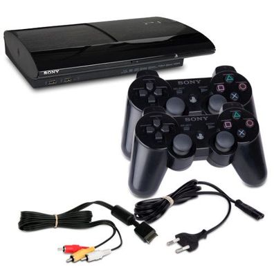 PS3 Konsole Super Slim 500 GB Modell Nr. Cech-4004C Schwarz + Kabel + 2 Controller
