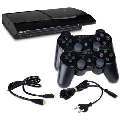 PS3 Konsole Super Slim 500 GB Modell Nr. Cech-4004C Schwarz + HDMI + 2 Controller