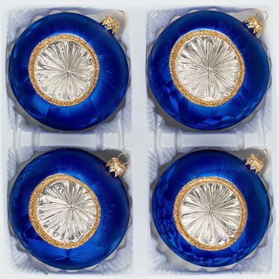 4 tlg. Glas-Weihnachtskugeln Set 10cm Ø in "Vintage Ice Royal Blau Gold"