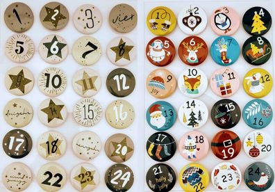 Adventskalender Button / Plakette, 24 Stück, 1-24, Motiv