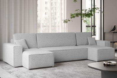Ecksofa mit schlaffunktion und bettkasten, Couch U-form BEST stoff abriamo Hellgrau