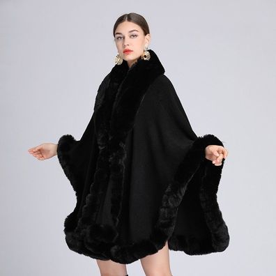 Damen-Strickjacke mit Pelzkragen, Schal-Umhang, große Größe, lockerer Mantel