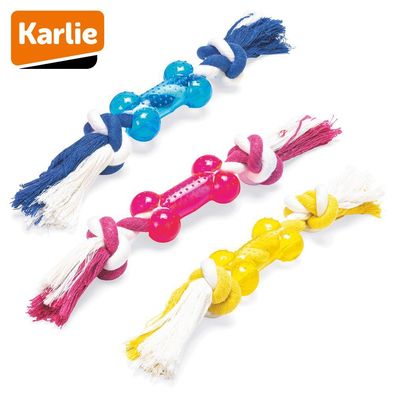 Karlie Knochen mit Seil - Hundespiel Kauspielzeug Welpen-Zerrspiel - TPR Gummi