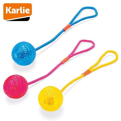 Karlie Ball mit Seil - Hundespiel Apportierspielzeug Wurfspiel - TPR Gummi