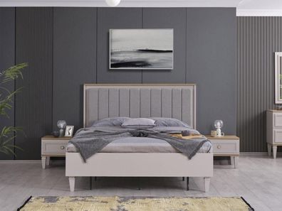 Garnitur Doppelbett Schlafzimmer Bett Nachttische Grau Holz Set 3tlg