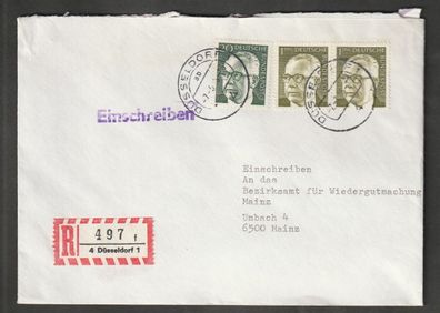 BRD Umschlag gelaufen von Düsseldorf nach Mainz als Einschreiben R 497 f