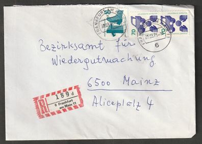 BRD Umschlag gelaufen von Frankfurt nach Mainz als Einschreiben R 189 d 27.03.76