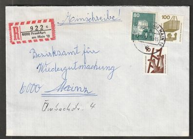 BRD Umschlag gelaufen von Frankfurt nach Mainz als Einschreiben R 922 c 7.11.78