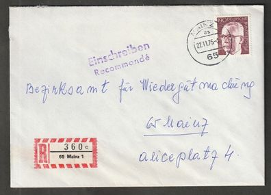 BRD Umschlag gelaufen innerhalb von Mainz als Einschreiben R 360 c 22.11.75